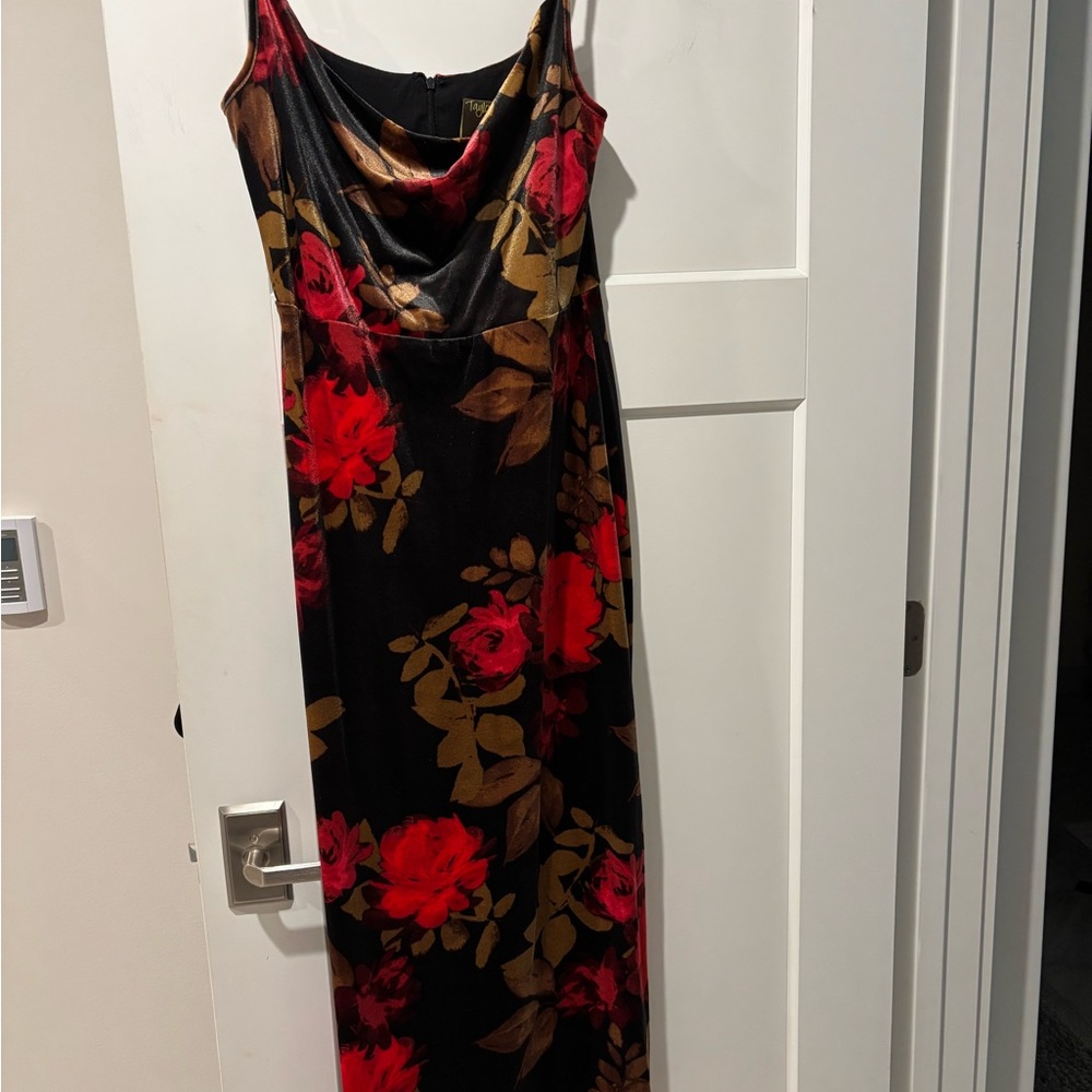 Taylor Black/deep green Maxi Dress with Red and Gold Floral Design